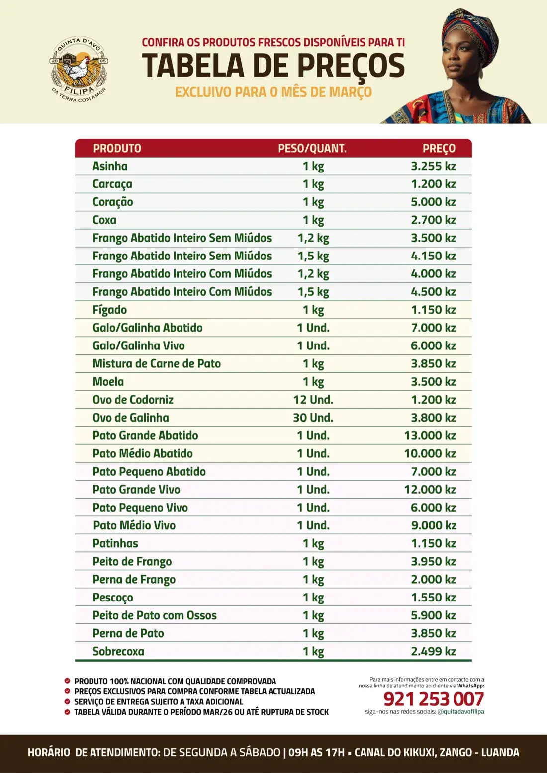 Tabela de preços da Quinta d'Avó Filipa